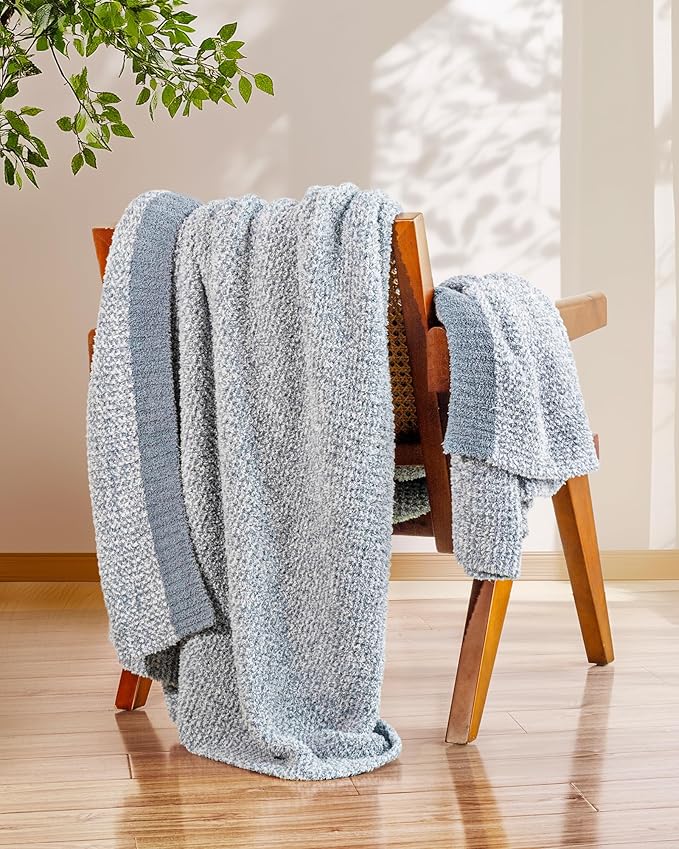 Super Soft Throw Blanket 50 x 60 Inches, Half-Side Plush Fuzzy Blanket for Couch, Sofa, Bed & Chair, Warm Cozy Lightweight Knit Blanket for Fall & Winter, Blue