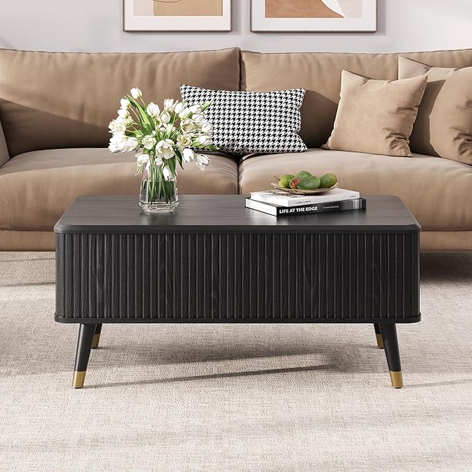 Lift Top Coffee Table, Mid Century Modern Coffee Table with Hidden Compartment, Fluted Lift Tabletop Center Table for Living Room, Home Office, Black