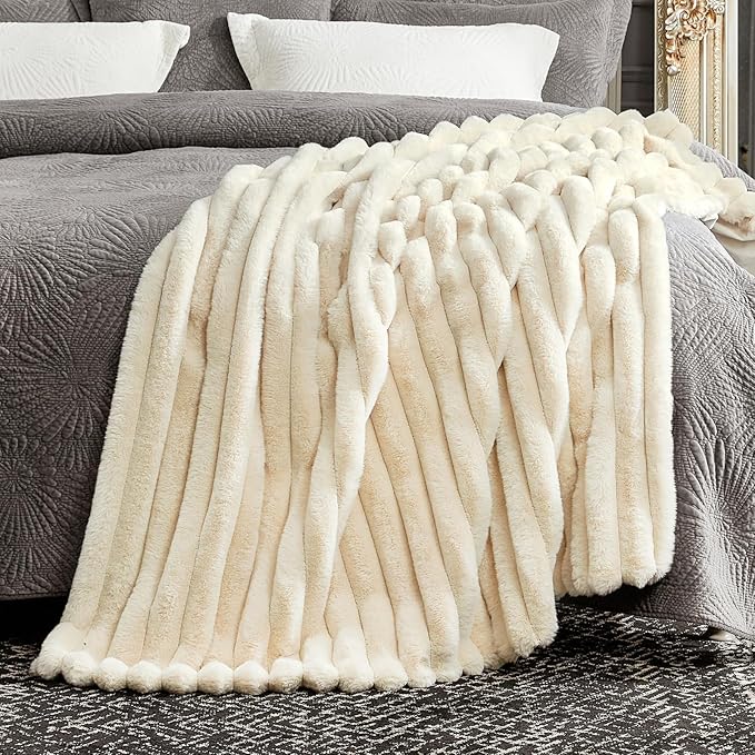 Cozy Bliss Faux Fur Throw Blanket for Couch, Cozy Warm Plush Striped Blanket for Sofa Bedroom Living Room, 50 * 60 Inches Beige