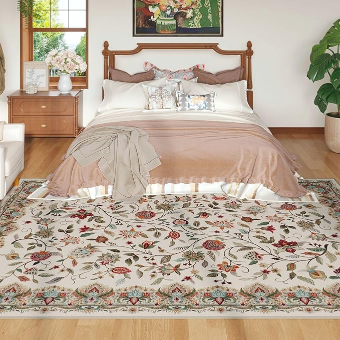 Rugcomf Vintage Paisley Rugs for Living Room 5'x7' - Machine Washable Area Rug, Non-Slip Low Pile Floral Carpet for Bedroom, Dining Room, Farmhouse, Office, Kids Playroom - Beige