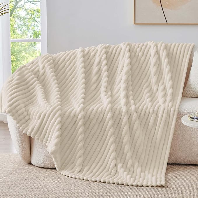 BEDELITE Twin Blanket for Couch & Bed, 300GSM Soft & Warm Fleece Blanket, Decorative and Giftable Striped Beige Blankets for Women, Men, 60"x80"
