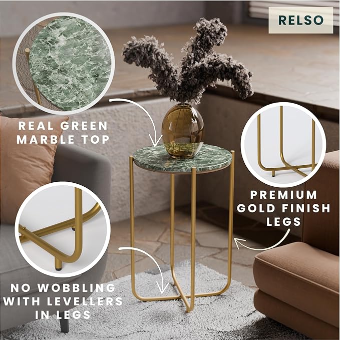 Relso Urdhva End Table – 24" Tall Round Side Table with Real Green Marble Top & Gold Metal Frame | Luxury Accent Table or Plant Stand for Living Rooms, Modern Homes, & Small Spaces