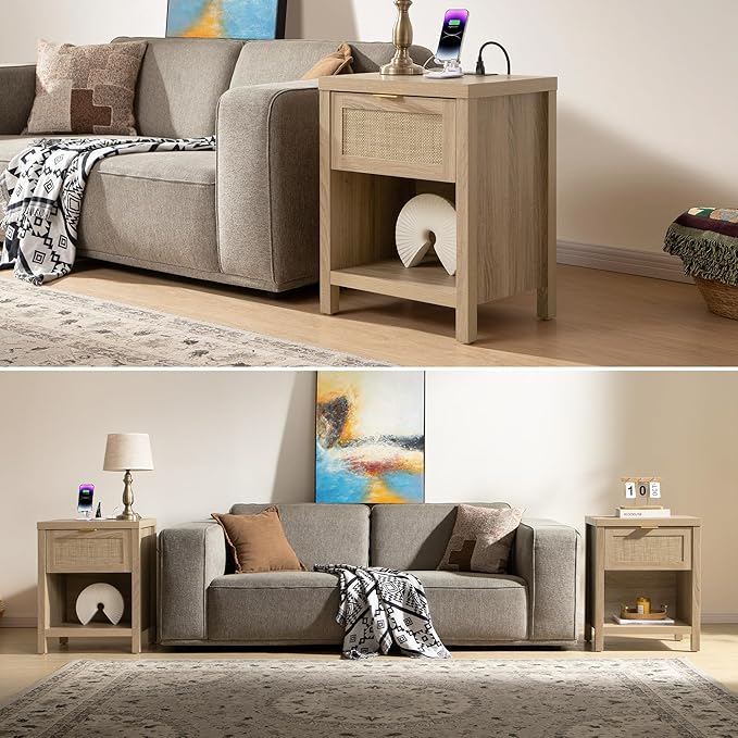 SICOTAS Rattan Nightstand, Farmhouse Night Stands with Drawer, Boho End Side Table for Bedroom, Small Space, Black Oak