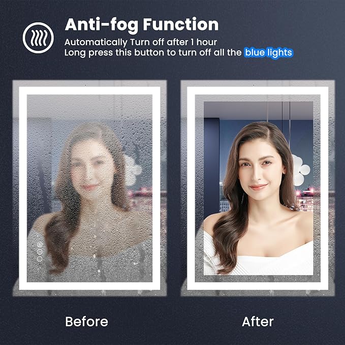 Amorho LED Mirror for Bathroom 28X36 Inch with Backlight and Front Light, Anti-Fog Mirror for Wall Mounted, Dimmable, 3 Colors, Memory