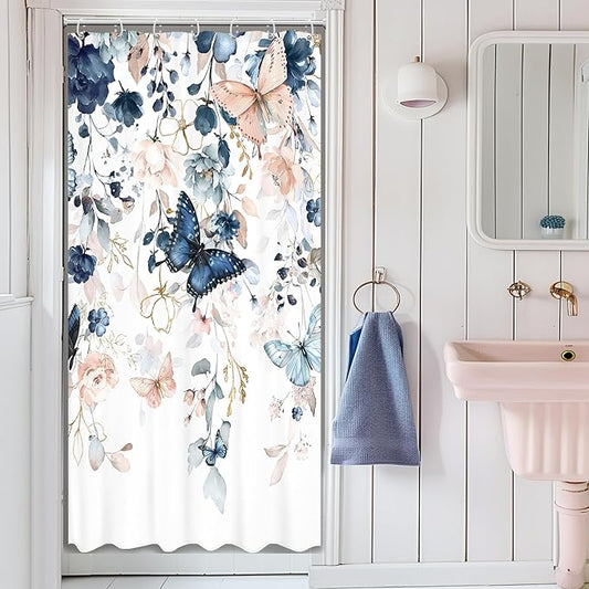 Small Stall Blue Pink Shower Curtain 36Wx72L Inch RV Narrow Floral Butterfly Spring Summer Plant Botanic Natural Gold Green Leaves Bathroom Set Girl Bath Curtain Bathtub Accessories Home Decor