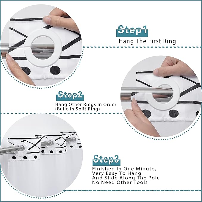 Extra Long No Hook Boho Shower Curtain with Snap in Liner Set, Hotel Luxury White Shower Curtains for Bathroom with See Through Top Window, Waterproof, Washable 71W x 84H