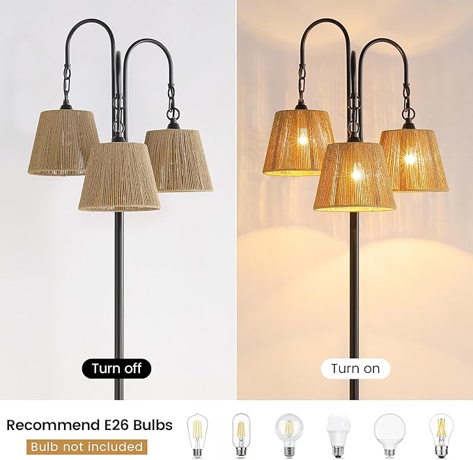 Rattan Floor Lamp, 68in. Boho Floor Lamps with Natural Shade, 3-Light Tree Lamp for Coastal, Beach or Bohemian Style Decor, E26 Socket, On/Off Footswitch Lamp for Living room, Bedroom (Bohemian-Black)