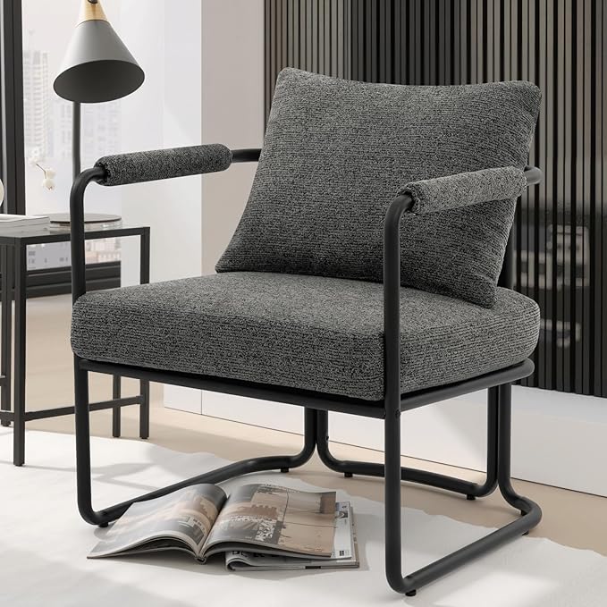 Mid-Century Modern Accent Chair, Comfy Upholstered Lounge Arm Chair with Chenille Fabric for Living Room, Bedroom, Apartment, Reading Corner, Office, Dark Grey