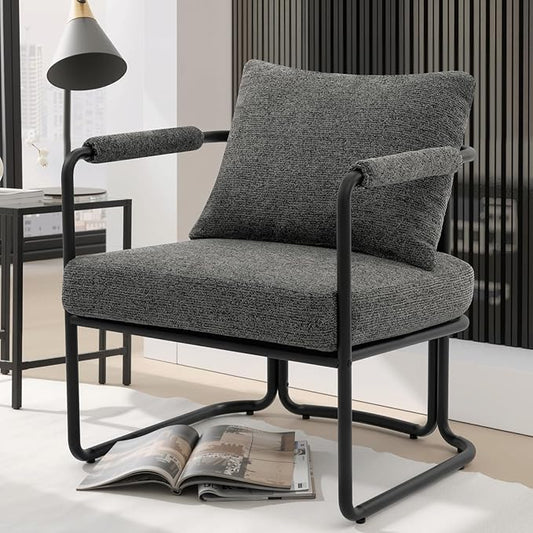 Mid-Century Modern Accent Chair, Comfy Upholstered Lounge Arm Chair with Chenille Fabric for Living Room, Bedroom, Apartment, Reading Corner, Office, Dark Grey