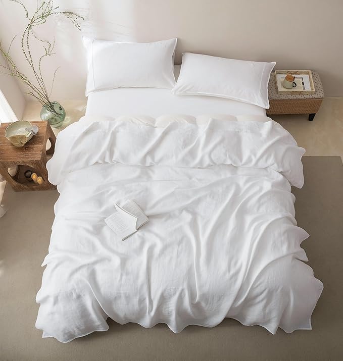 Talasily 100% French Pure Linen Sheets Set King Size,Oeko-TEX Certified Bedding, All-Season Breathable for Hot Sleepers,16 Inch Deep Pocket Machine Washable 4-Piece (White)