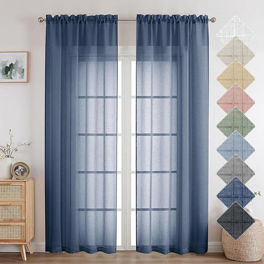Aiyufeng Kirei Faux Linen Navy BlueSheer Curtains 84 Inches Length 2 Panels, Light Filtering Slub Textured Elegant Rod Pocket Curtain Drapes for Farmhouse Living Room Bedroom, Each 40Wx84L Inch, Blue