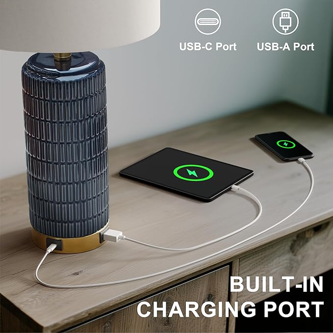 PoKat Touch Bedside Table Lamps with USB Ports for Bedroom, 25'' Dimmable Nightstand Touch Lamps for Living Room, Blue Ceramic Lamps with Gold Base for Night Stands Bedroom, Nursery, Dark Blue