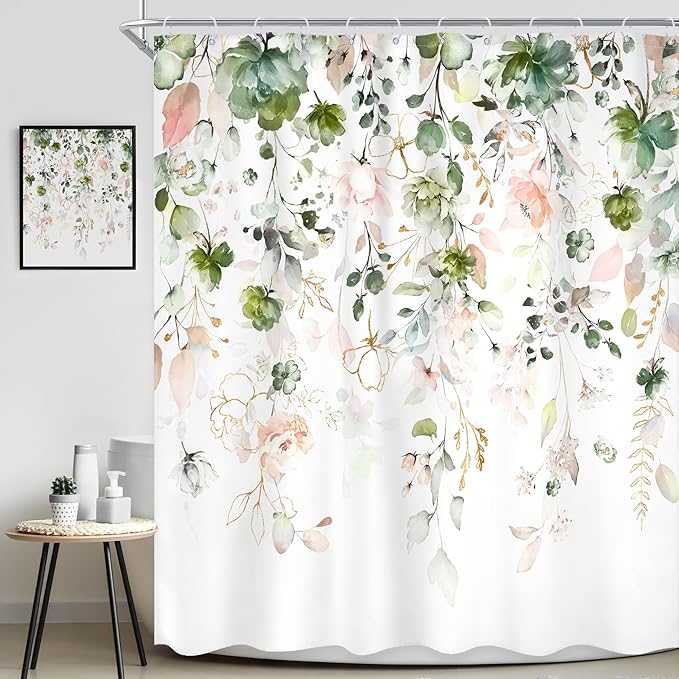 Summer Green Pink Floral Flower Shower Curtain 60Wx72L Inch Spring Floral Eucalyptus Leaves Wildflower Gold Plant Pretty Botanical Bathroom Set Girl Bath Curtain Bathtub Accessories Home Decor