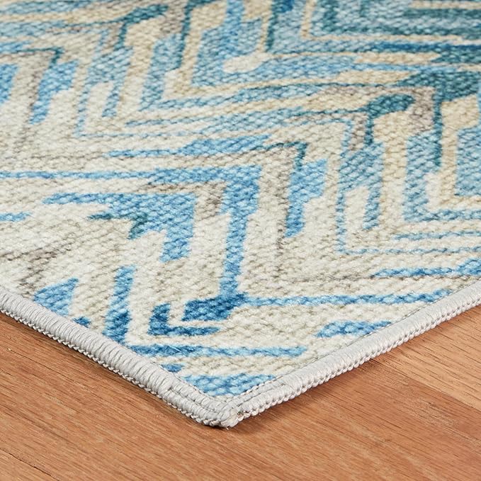 Dash & Albert Seneca Blue Machine Washable Rug, 5 X 8 Feet, Blue Graphic Pattern