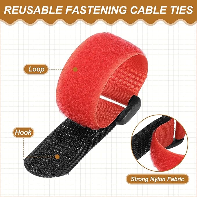 PATIKIL 6 x 0.79 Inch Reusable Cable Ties 10 Pcs Adjustable Hook and Loop Straps Cord Management Wire Wrap Cord Ties Organizer for Home Office Cables, Red