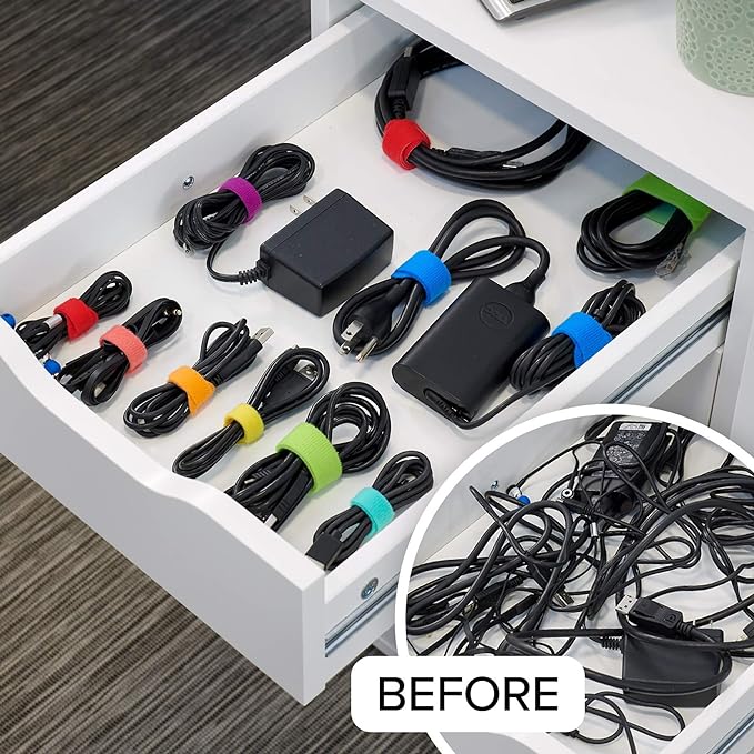 Self-Gripping Cable Ties by Wrap-It Storage, Multi-Color, 5 Inch Straps (50-pack) – Reusable Hook and Loop Cord Organizer Cable Ties for Cord Management and Desk or Office Organization