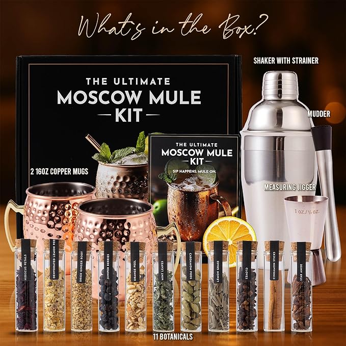 Moscow Mule Kit Gift Set - 2 Copper Mugs - 11 Botanicals - Stainless Steel Shaker & Jigger - Mudder - Recipe Book - Moscow Mule Cocktail Kit - Basket Gifts for Women - Unique Accessories for Infusion