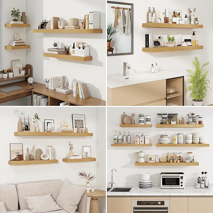 fuqing Floating Shelves for Wall, Bathroom Shelf Wall Mounted for Storage, Shelves with Invisible Bracket for Bedroom, Kitchen, Living Room, Farmhouse Small Book Shelf, 24 Inch Set of 2, Oak
