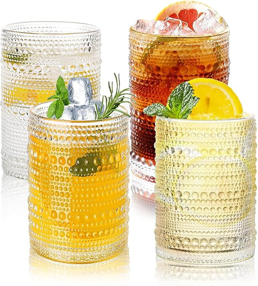 Hobnail Drinking Glasses Set,16 Oz Vintage Embossed Glass Tumbler for Cocktail, Beer, Juice, Water, Whiskey and Kitchen Glassware