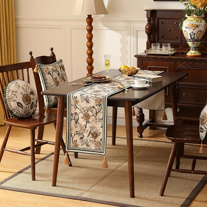 ISAENNE Designer Vintage Beige Linen Table Runner 87 Inches Long,Elegant Floral and Bird Pattern Decor Table Runners for Dining Tables,Thanksgiving,Christmas,Banquet,Party,12"*87"-Murad A