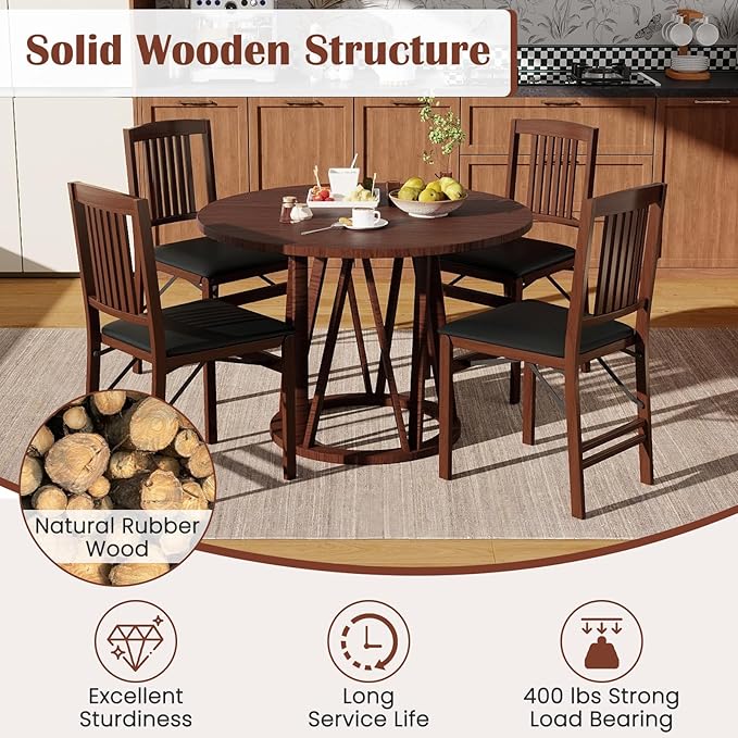 Giantex Folding Dining Chairs Set of 4, Solid Wood Frame, Foldable Wood Kitchen Chairs with Padded Seat, Max Load 400 Lbs, No Assembly, Armless Side Chairs for Apartment Dining Room, Brown & Black