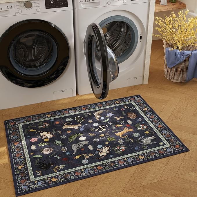 Rugcomf Door Mat Indoor Entrance 2x3 Rug Machine Washable Boho Floral Animal Cat Small Area Rug Non-Slip Low Pile Throw Rugs for Entryway Kitchen Front Door Entry Kids Room, Cobalt Blue