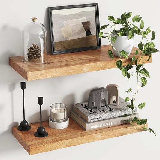 Rustic Elm Wood Floating Shelves for Wall, Flat Edge 24"W x 9.2"D x 1.4"H, Set of 2 with Invisible Bracket, Wall Mounted Storage Shelves for Living Room Bedroom Kitchen Bathroom Decor, Natural Finish