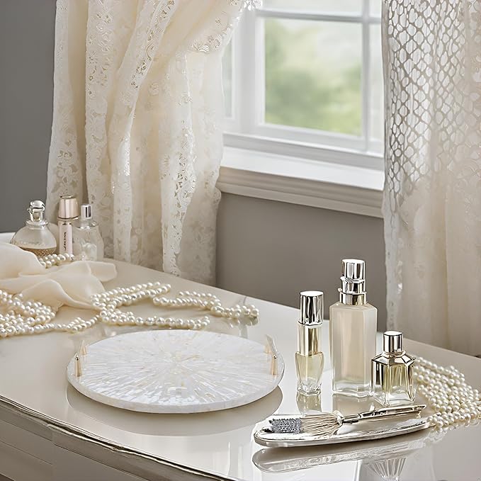 PEMAR Mother of Pearl Decorative Tray, 13" Round Display & Serving Tray with Gold Handles, Vanity/Perfume/Trinket Catchall for Dresser, Bathroom, Vanity Table (White Cream Sunlight Starburst Pattern)