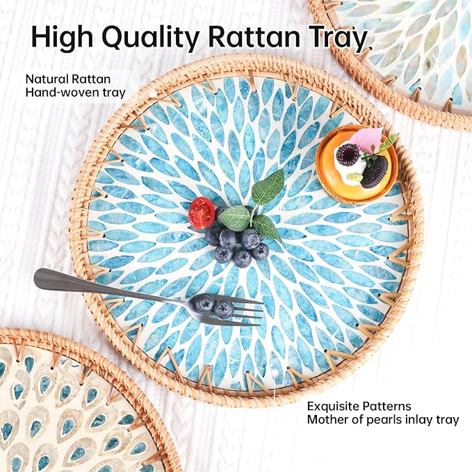 Round Rattan Tray with Mother of Pearl Inlay, Rattan Serving Tray for Coffee, Bread, Fruits, Decorative Wicker Tray for Table Decor, Home Decor, Kitchen Island Decor (Turquoise Leaf, 11.8")