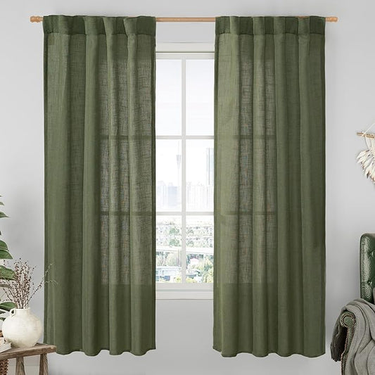 LAMIT Light Filtering Linen Curtains 72 inches Long for Bedroom, Linen Textured Semi Sheer Back Tab and Rod Pocket Boho Drapes for Small Window/Living Room, Olive Green, 2 Panels, 34 x 72 Inch