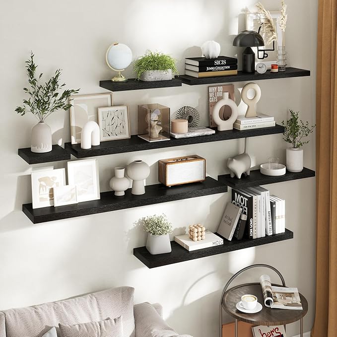 Floating Shelves for Wall with Invisible Brackets, Wall Mounted Engineered Wood Shelves with Wood Grain for Living Room, Bedroom, Bathroom, Kitchen Decor and Storage, Oak, 36"L Set of 2, Black