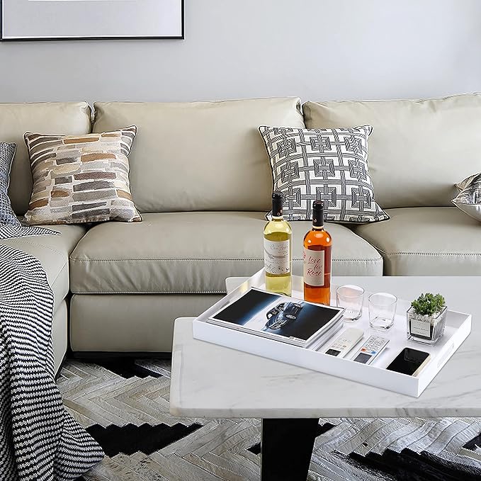 Glossy White Acrylic Serving Tray with Handles-Lucite Tray for Ottoman,Coffee Table, Breakfast, Tea, Food, Butler - Decorative Tray (10x15x2H Inch with, White)