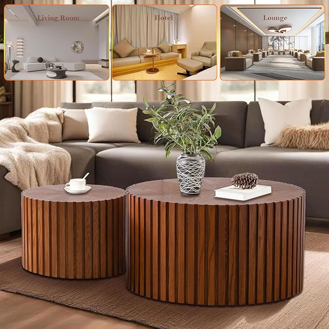 Handcraft Round Nesting Coffee Table - Chic Wave Stripe Edge, Modern Stylish Walnut Wooden Circle Fluted Center Table for Living Room (27.6in+19.7in)