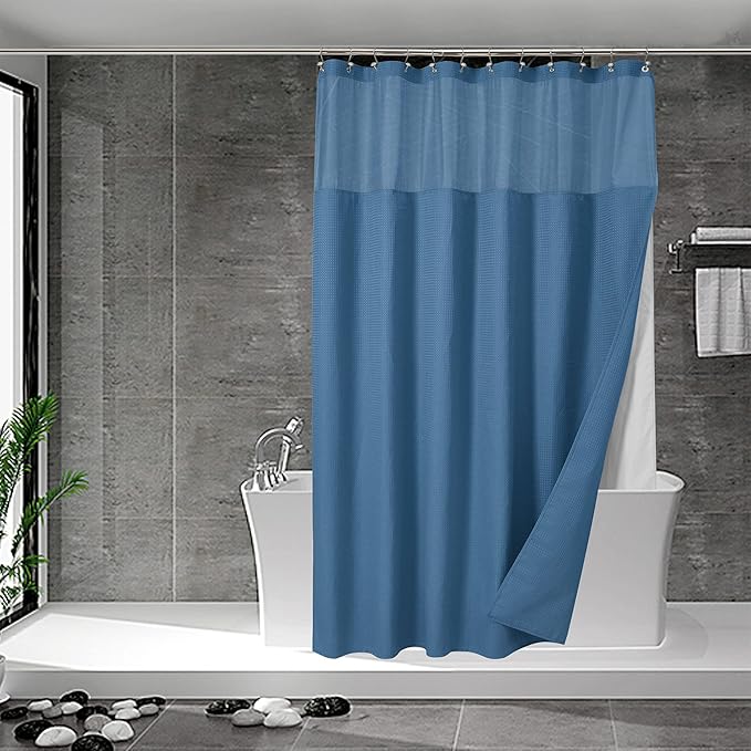 N&Y HOME Waffle Weave Shower Curtain with Snap-in Fabric Liner & Hooks Set - Hotel Style, Water-Repellent & Washable, Heavyweight Fabric & Mesh Top Window - 71x72, Moonlight Blue