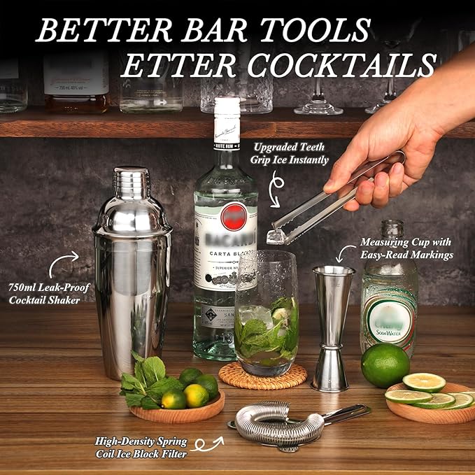 Cocktail Shaker Set with Stand, 20-Piece Complete Bartender Kit for Home & Bar Use, Stainless Steel Bar Set with 25oz Shaker, Bar Accessories and Recipes, Ideal Cocktail Kit for Parties & Gift Giving