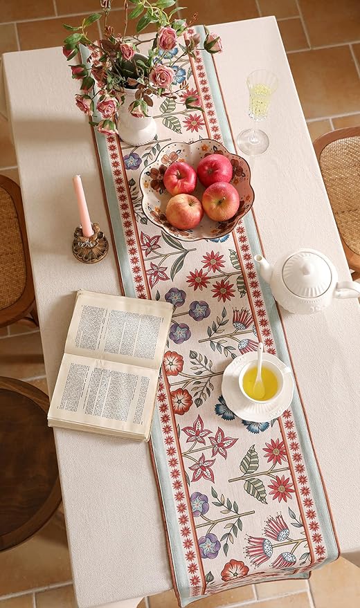 Decorative Linen French Table Runner 71 Inches Long,Green Floral Rustic Runner for Table Decor Tabletop Table Runners for Kitchen,Dining,Tea Party,Home,Christmas,12"*71"