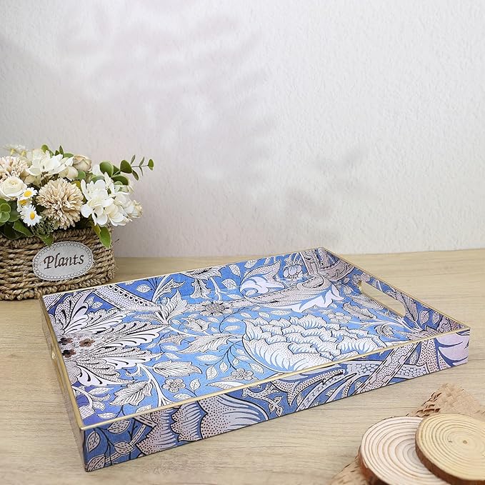 Rectangle Serving Tray with Handles, Coffee Table Tray for Ottoman, Living Room, Outdoor Tray for Patio Entertaining, Serving Breakfast Kitchen Platter, Windrush