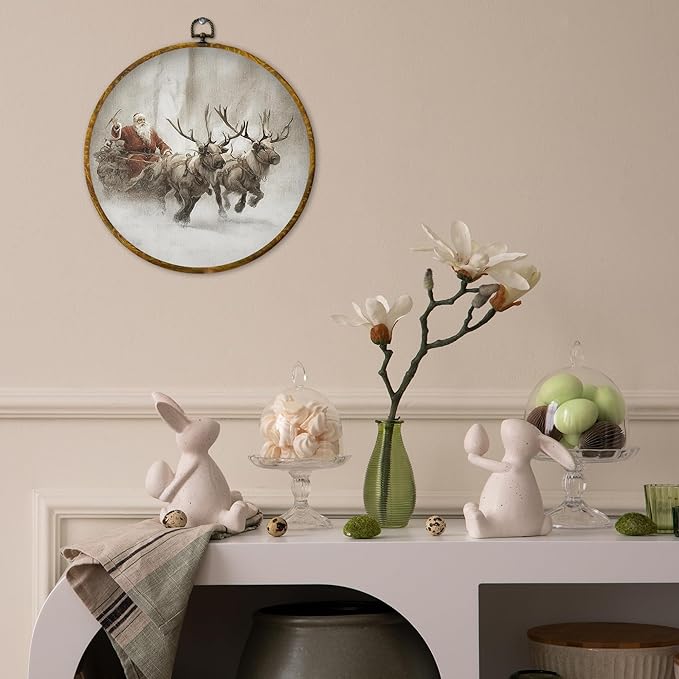 QZQE Vintage Christmas Santa and Reindeer Round Wall Art Decor Framed, Xmas Snowy Winter Circle Canvas Prints, Rustic Cozy Winter Circular Wall Hanging Decor for Home Bedroom Living Room, 10x10 Inch