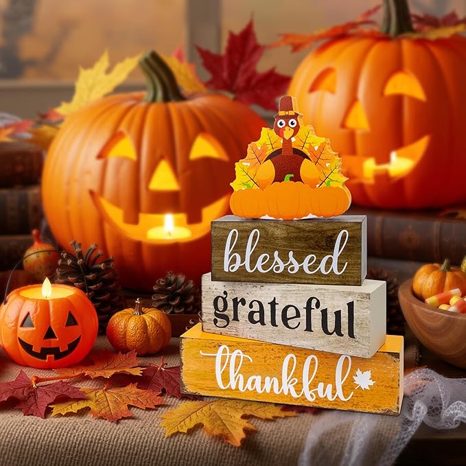 4 Pcs Thanksgiving Wooden Tiered Tray Decor, Blessed Grateful Thankful Decorations Gifts for Home, Fall Table Centerpiece for Fall Party Kitchen