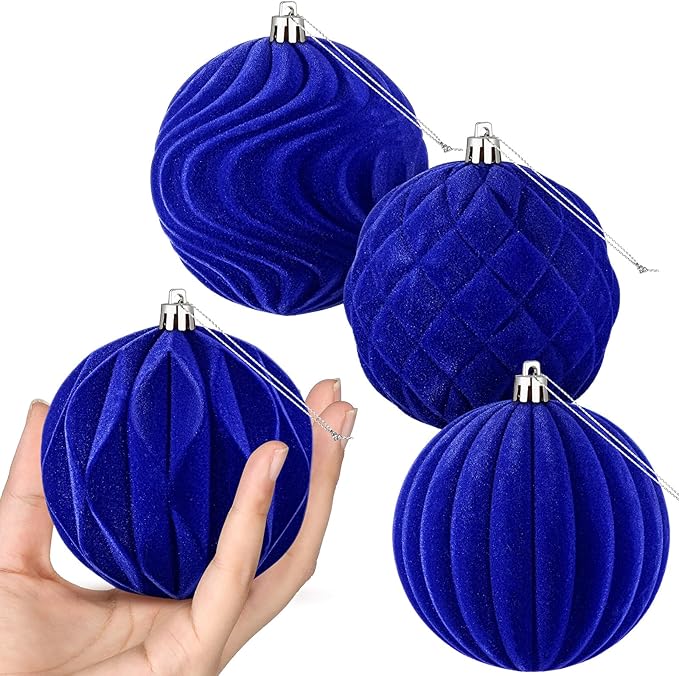 4 Pcs 4 Inch Large Velvet Christmas Ball Ornaments Vintage Christmas Plastic Ball Ornaments Flocked Tree Hanging Decoration for Xmas Party Wedding Home Decor(Deep Blue)
