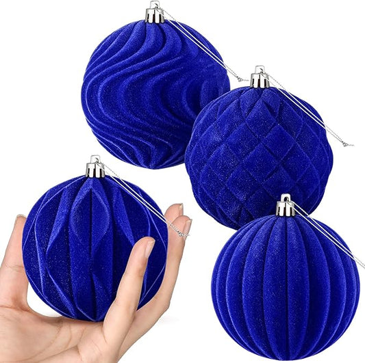 4 Pcs 4 Inch Large Velvet Christmas Ball Ornaments Vintage Christmas Plastic Ball Ornaments Flocked Tree Hanging Decoration for Xmas Party Wedding Home Decor(Deep Blue)