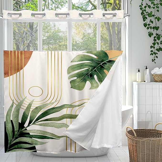 Glawry No Hook Shower Curtain with Snap in Liner, Boho Green Modern Mid Century Tropical Palm Leaf Abstract See Through Mesh Top Window Curtains 70Wx72L Inches Bath Accessories Art Home Decor Fabric