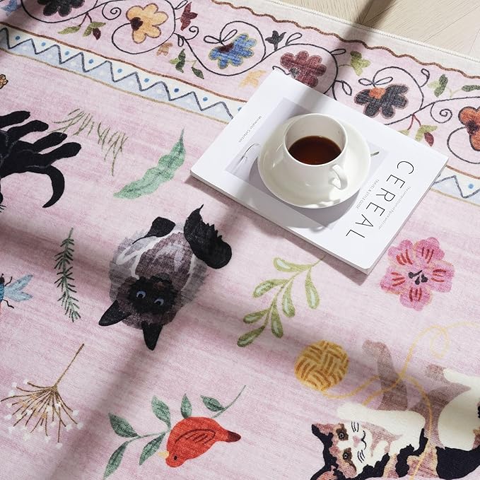 Rugcomf Runner Rug for Kitchen Non Slip 2'x6' Washable Rugs with Rubber Backing Soft Floral Animal Cat Carpet Runner for Kitchen Laundry Bedroom Bathroom, Pink