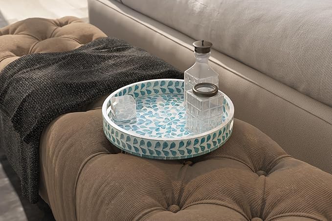 PEMAR 12.6” Mother of Pearl Round Serving Tray with Handles, Decorative Nacred Wooden Ottoman Coffee Table Tray (Teal Floral Pattern)