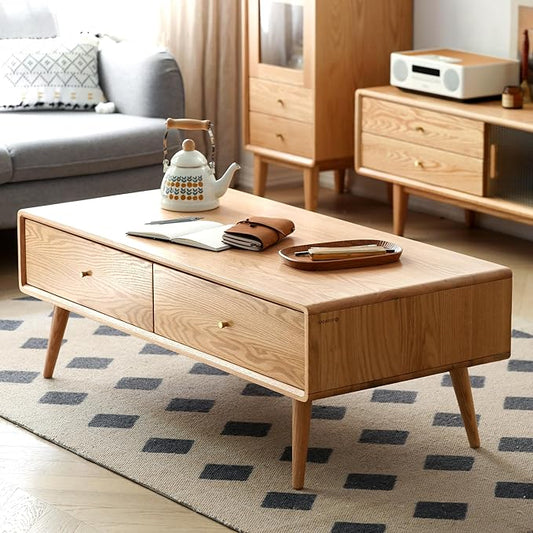 100% Solid Wood Coffee Table for Living Room, 47.24" W Mid Century Modern Coffee Table with 4 Drawers, Oak Coffee Tables for Home (Natural Wood Color, 47.24" W)