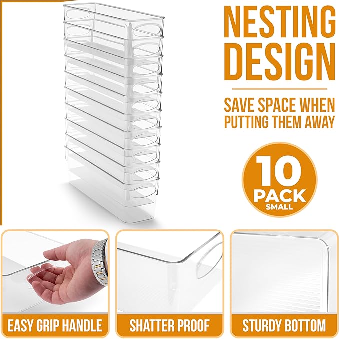 Sorbus Small Clear Plastic Storage Bins for Organizing, 10 Pack Clear Organizer Bins with Handles, Plastic Storage Bins for Closet, Pantry, Fridge, Medicine Cabinet Organizer, Shelves, Freezer, Drawer