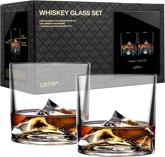 LIITON Mount Everest Heavy Crystal Whiskey Glasses Gift Set of 2, Thick Freezable Bourbon Glass 1lb Each, Premium Whiskey Gifts for Men, Frozen Crystal Chills Cocktails, 10 oz