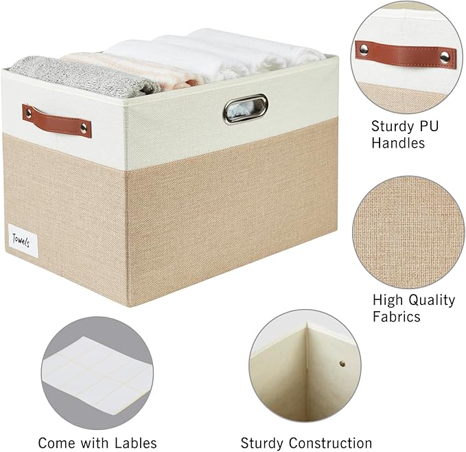 Large Collapsible Fabric Storage Bins with 3 Handles, Foldable Organizer Baskets for Closet, Shelves, Living Room | 3 Pack, Durable PU & Metal Handles (17"x11.8"x11.8", Beige & White)