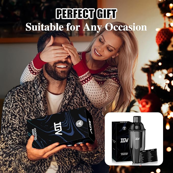 IOV Cocktail Shaker, 24 oz Martini Shaker, Drink Mixer with Built-in Strainer, Professional Stainless Steel Margarita Alcohol Shaker with Cocktail Recipe Guide, Bartender Kit Gifts, Black