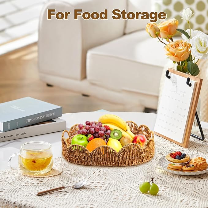 Elliptical Rattan Scalloped Tray, Woven Basket Tray with Bulit-in Handles Scalloped Edges Serving Tray for Coffee Table Living Room Home Decor 14.2" L x 10.9" W x 3.4" H